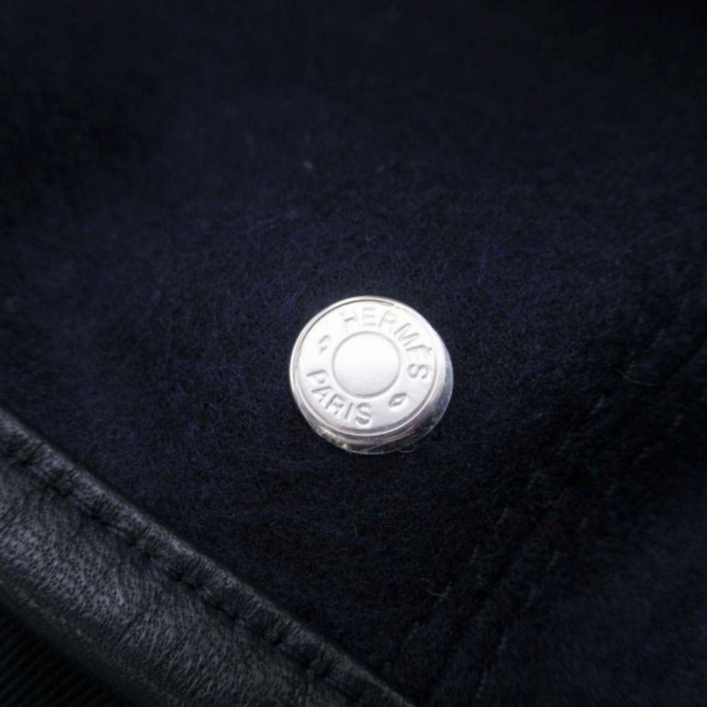 Hermes Gabrielle Beret Wool Jersey Leather Trim Series Button Hat 56 cm Navy