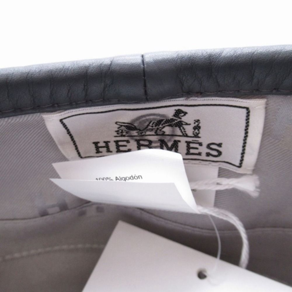 Hermes Gabrielle Beret Denim Leather Trim Series Button Hat Cap 58 cm Gray