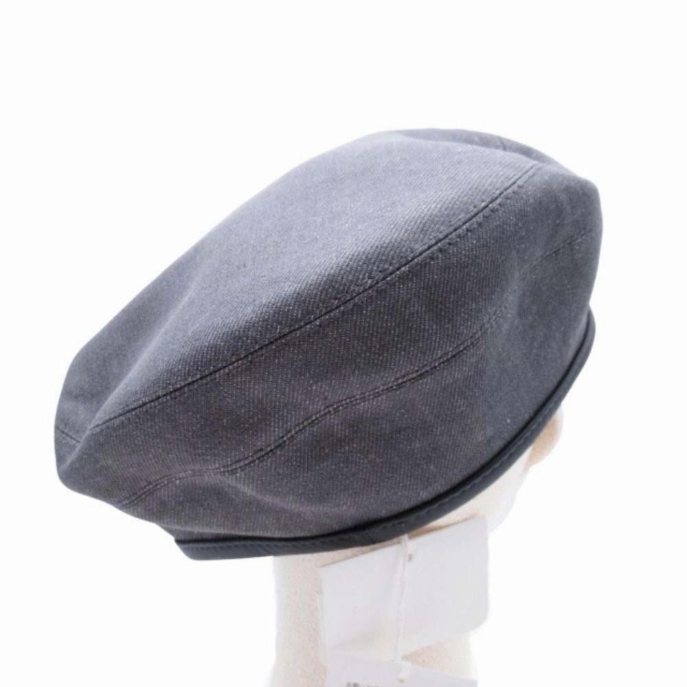 Hermes Gabrielle Beret Denim Leather Trim Series Button Hat Cap 58 cm Gray