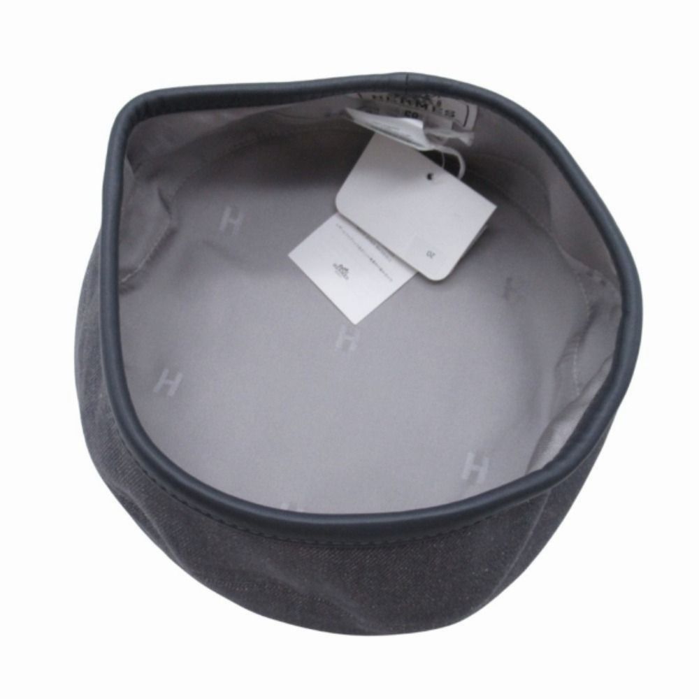Hermes Gabrielle Beret Denim Leather Trim Series Button Hat Cap 58 cm Gray