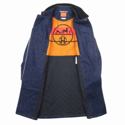Hermes Shearling Leather Denim Long Coat Series Button Lo Cover Lining 36