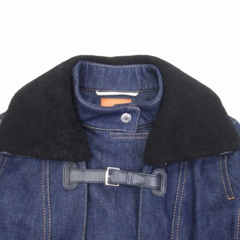Hermes Shearling Leather Denim Long Coat Series Button Lo Cover Lining 36