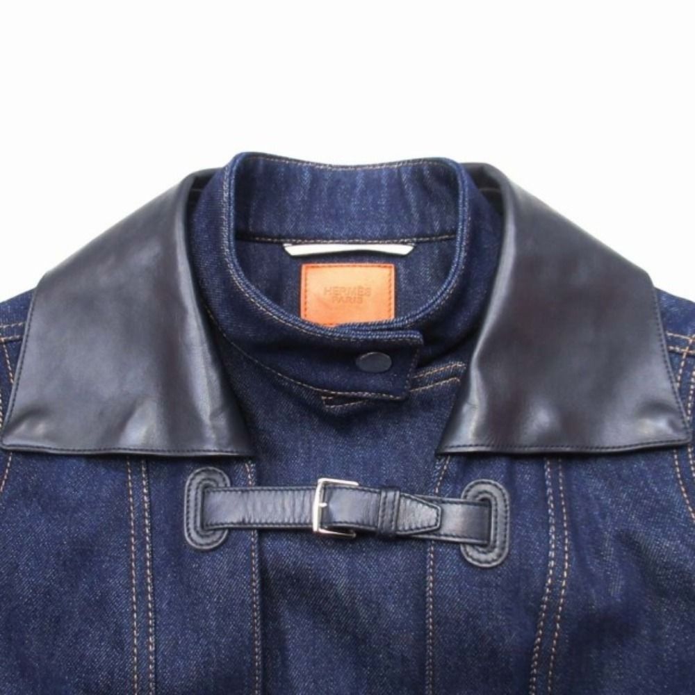 Hermes Shearling Leather Denim Long Coat Series Button Lo Cover Lining 36