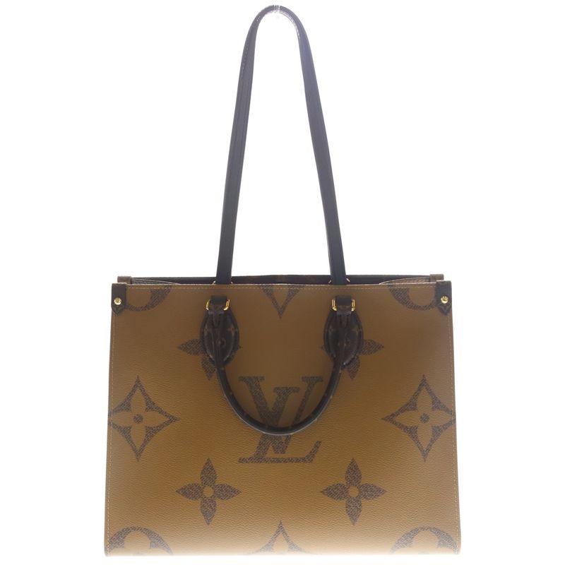 Louis Vuitton on the Go MM Monogram Reverse Giant 2-Way Hand Tote Gold Brown