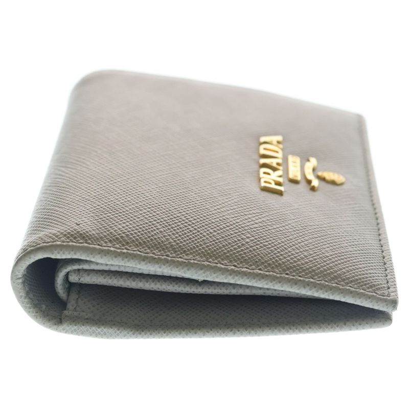 Prada Saffiano Bifold Compact Wallet Card Case Blue Grey Leather Gold