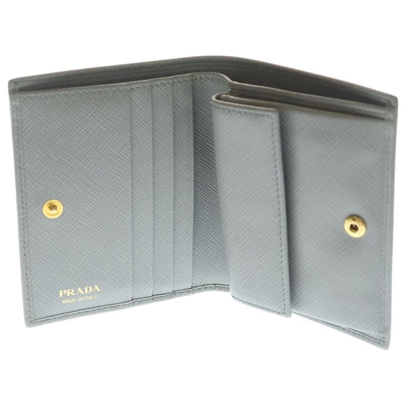 Prada Saffiano Bifold Compact Wallet Card Case Blue Grey Leather Gold