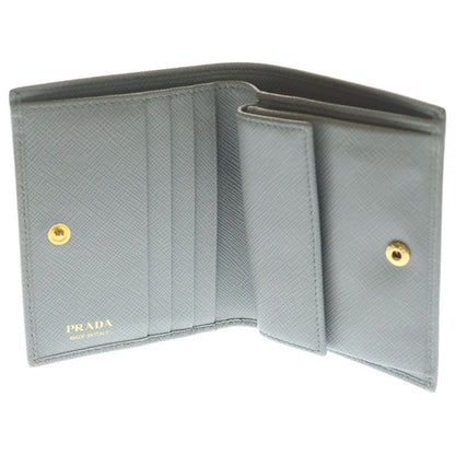 Prada Saffiano Bifold Compact Wallet Card Case Blue Grey Leather Gold