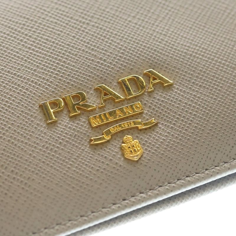 Prada Saffiano Bifold Compact Wallet Card Case Blue Grey Leather Gold