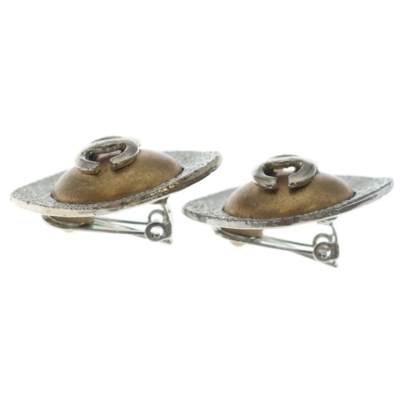 Chanel CC Logo Pearl Earrings Silver Brown