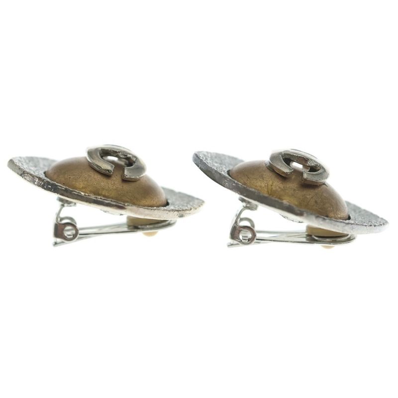 Chanel CC Logo Pearl Earrings Silver Brown