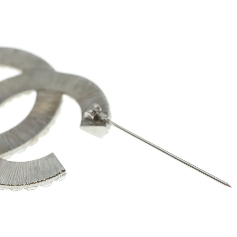 Chanel CC Logo Line Stone Pin Badge Brooch Silver