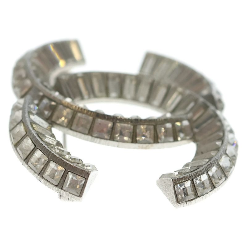 Chanel CC Logo Line Stone Pin Badge Brooch Silver
