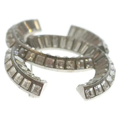 Chanel CC Logo Line Stone Pin Badge Brooch Silver