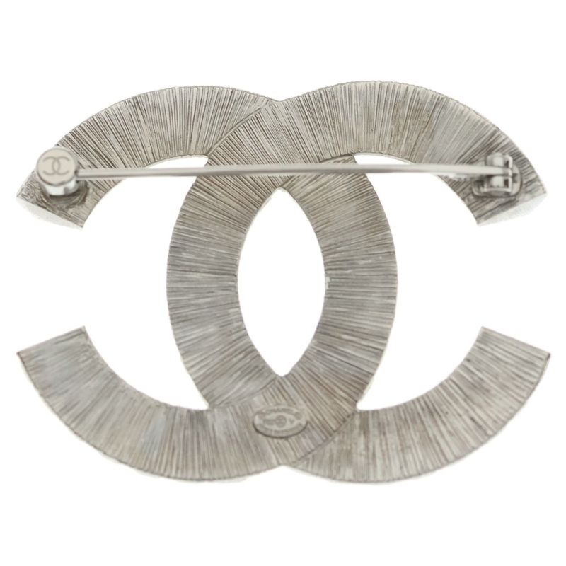 Chanel CC Logo Line Stone Pin Badge Brooch Silver