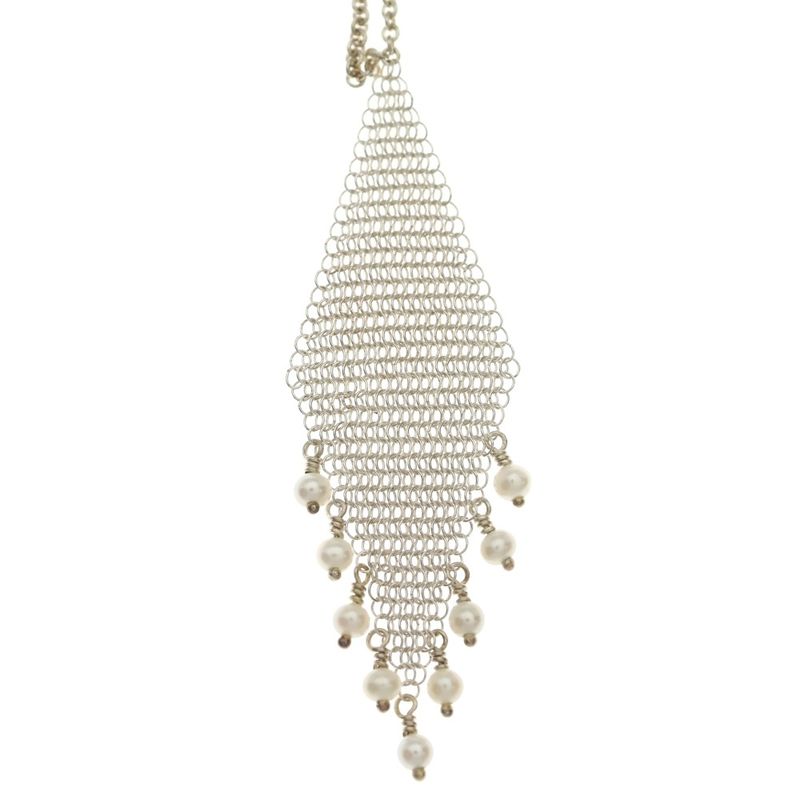 Tiffany & Co Mesh Fringe Pearl Necklace Pendant Chain Silver