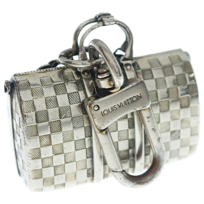 Louis Vuitton Damier the Keepall Bag Charm Key Holder Metal Silver