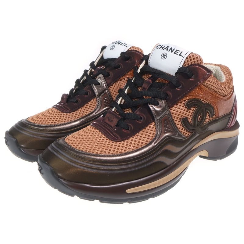 Chanel 24 CC Logo Lace Up Sneakers Brown Orange