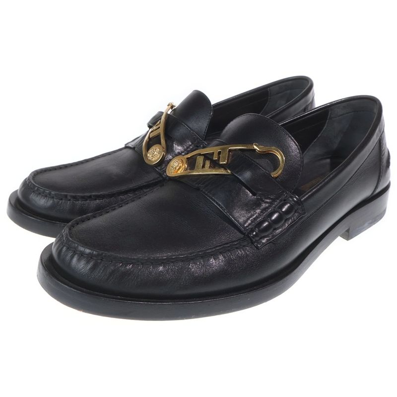Fendi Fendace Fender Che Fflogo Safety Pin Leather Shoes Loafers Black