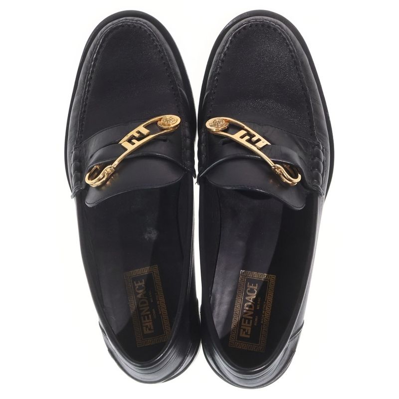 Fendi Fendace Fender Che Fflogo Safety Pin Leather Shoes Loafers Black