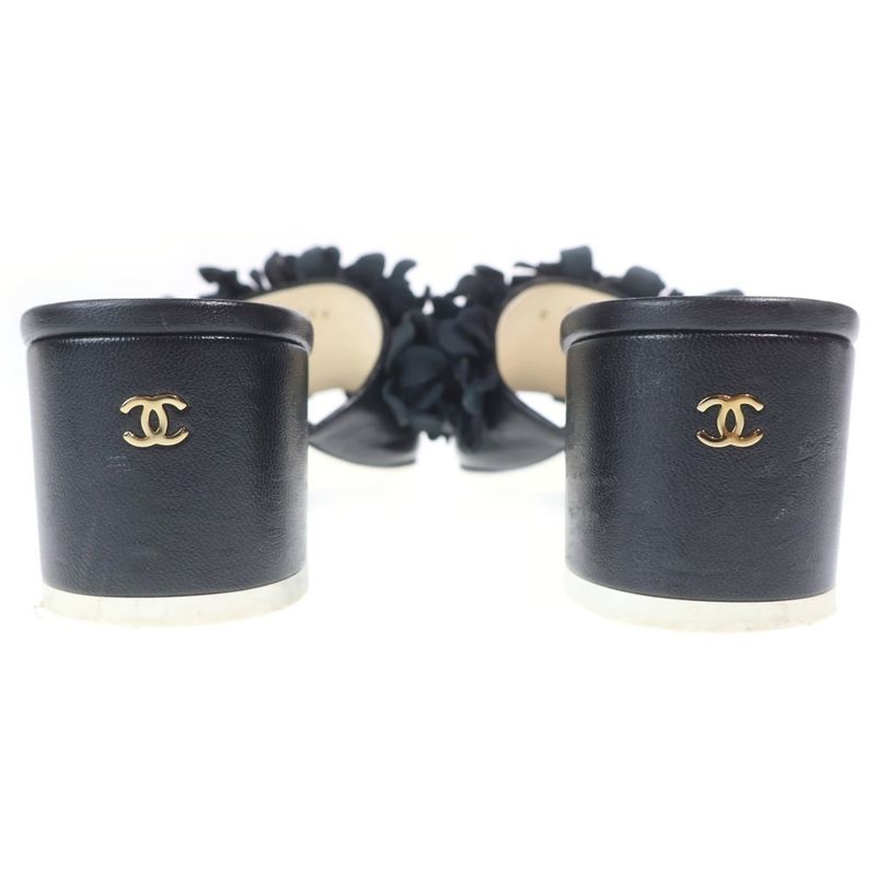 Chanel Leather Flower Motif Heel Sandals Black