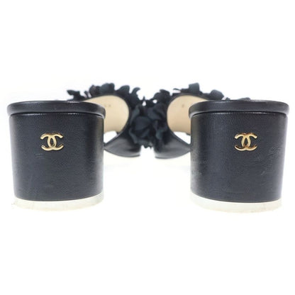 Chanel Leather Flower Motif Heel Sandals Black