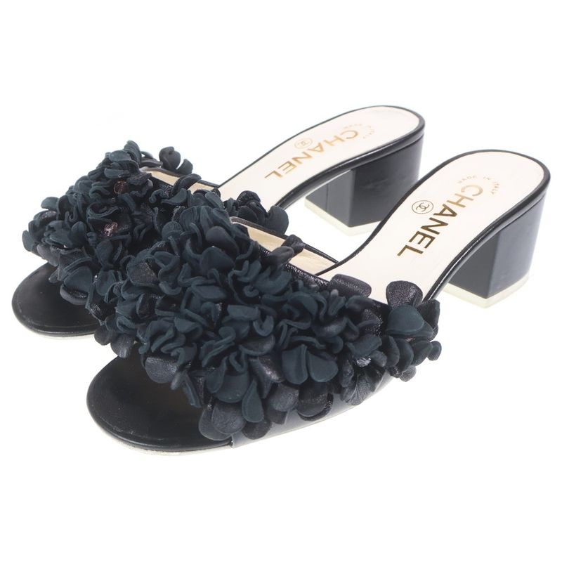 Chanel Leather Flower Motif Heel Sandals Black