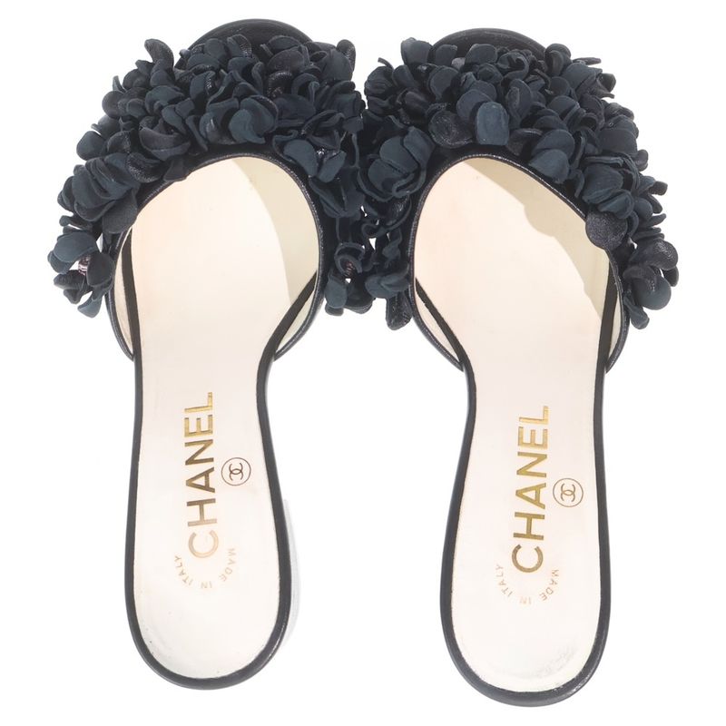 Chanel Leather Flower Motif Heel Sandals Black