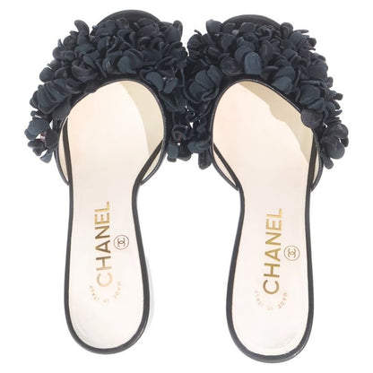 Chanel Leather Flower Motif Heel Sandals Black