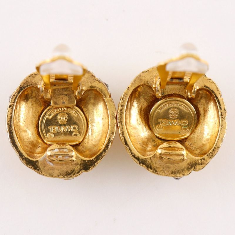 Chanel Quilted Vintage Gold Plated Line Stone Earrings