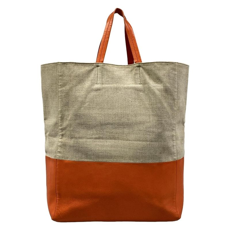Celine Tote Horizontal Cover Beige Orange Linen Leather