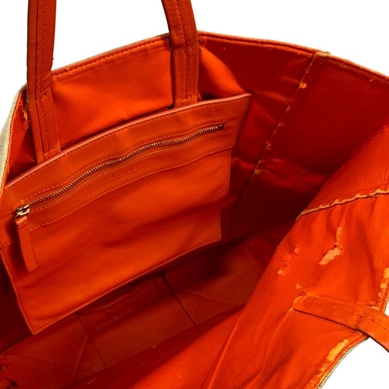 Celine Tote Horizontal Cover Beige Orange Linen Leather