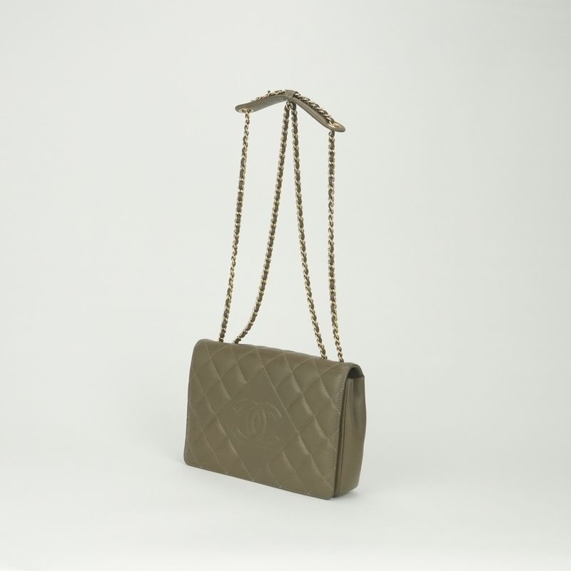 Chanel Quilted Shoulder Bag Lambskin Khaki Green Gold Chain Bag CC Logo Single