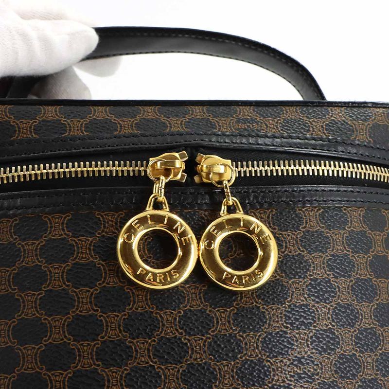 Celine Macadam Vanity Hand Bag Leather Black Brown Vintage Gold