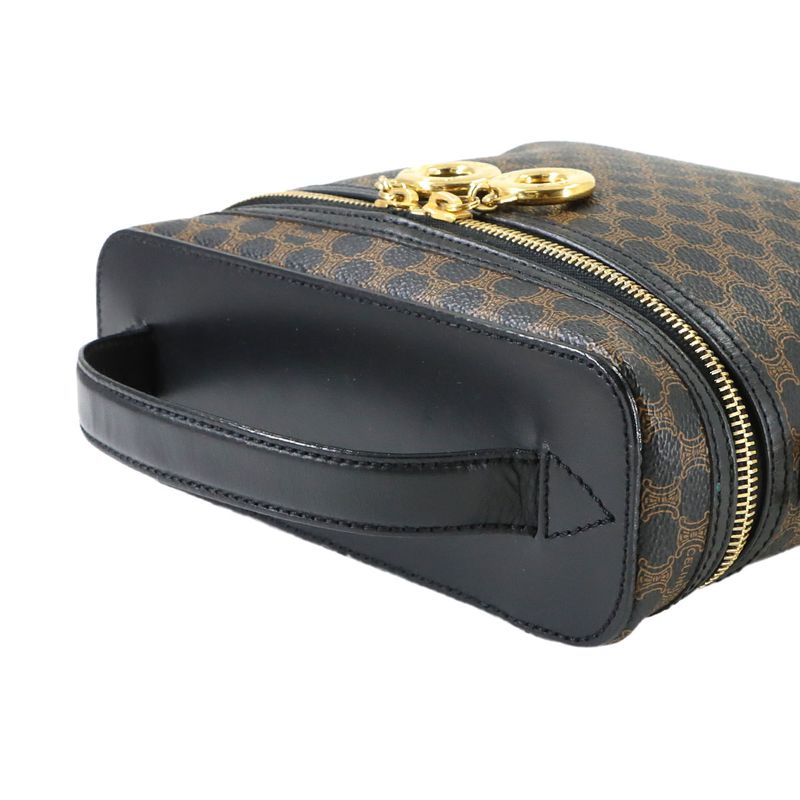 Celine Macadam Vanity Hand Bag Leather Black Brown Vintage Gold