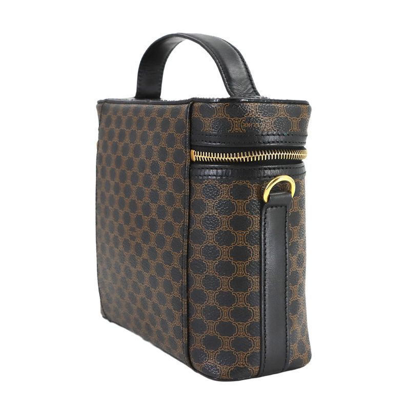 Celine Macadam Vanity Hand Bag Leather Black Brown Vintage Gold