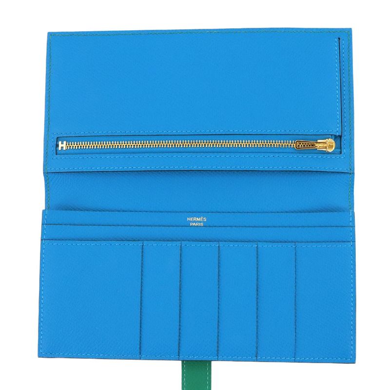 Hermes Bearn Souffle Verso Bifold Wallet Epsom Vert Jade Blue Zanzibar