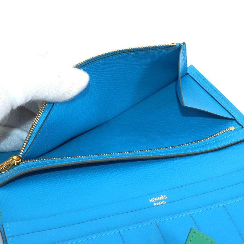 Hermes Bearn Souffle Verso Bifold Wallet Epsom Vert Jade Blue Zanzibar