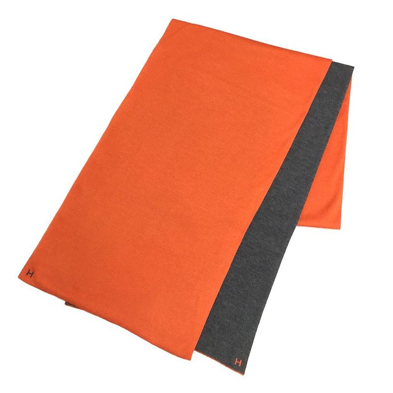 Hermes Echarpe Maille Scarf Shawl Reversible Cashmere Silk Gray Orange