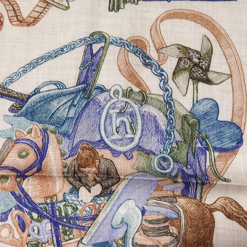 Hermes Carre Geant World 140 Natural Blue Petrole Green Cashmere Silk Large