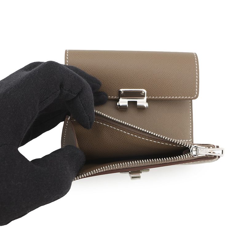 Hermes Trifold Wallet Charnier Compact Etoupe Silver Vo Madame