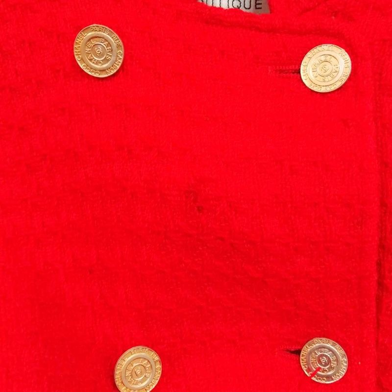 Chanel Vintage Double Breasted Stand Collar Tweed Jacket CC Logo Gold Button 40