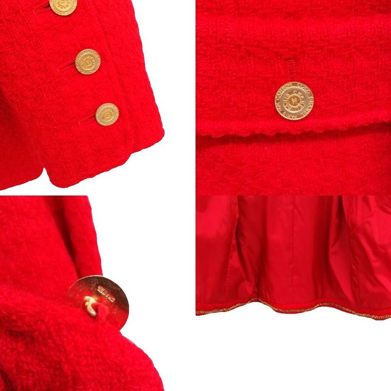 Chanel Vintage Double Breasted Stand Collar Tweed Jacket CC Logo Gold Button 40