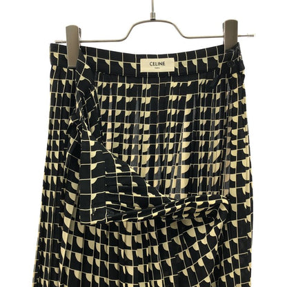 Celine Rayon All Over Pattern Pleated Skirt 36 Black Beige