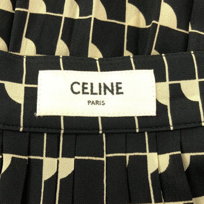 Celine Rayon All Over Pattern Pleated Skirt 36 Black Beige