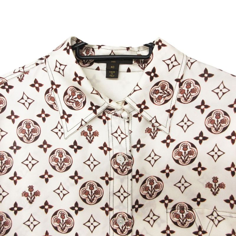 Louis Vuitton Long Sleeve Shirt Monogram All Over Pattern Silk Top White