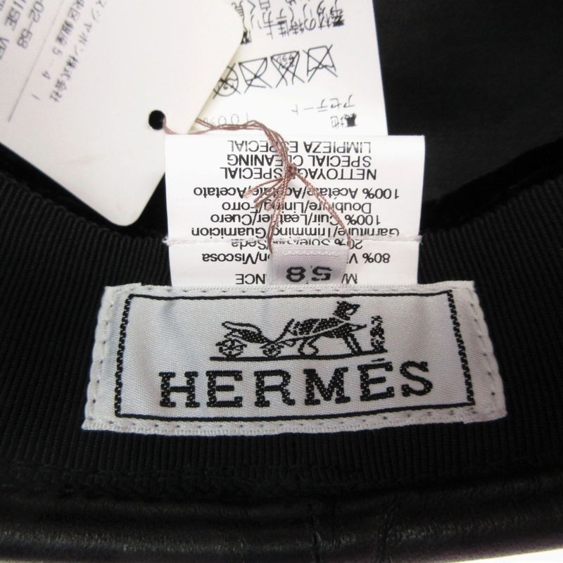 Hermes Beret Rayon Silk Cap Hat Lamb Leather Piping 58 Black