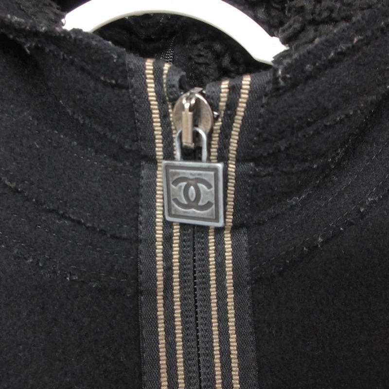 Chanel Stainless Steel Coat Inner Boa Hooded Outer Zip Up Black
