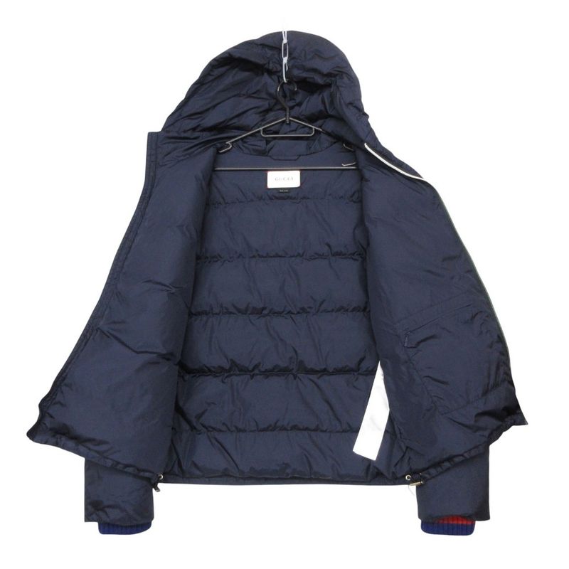 Gucci Down Jacket Snake Patch Zip Up Hooded Navy