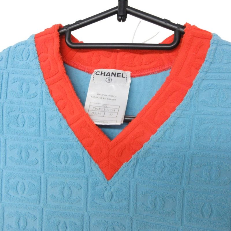 Chanel Short Sleeve T-Shirt Sports Line CC Logo Pile Neck Short Top Light Blue