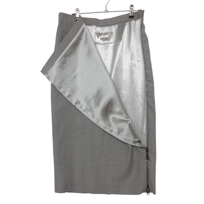 Fendi Skirt Midi Length Side Zip Logo Back Slit Gray